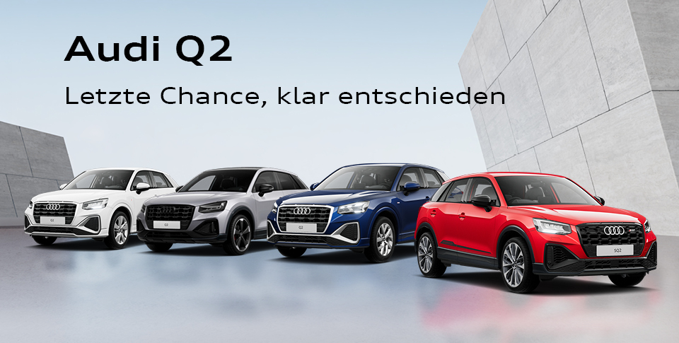 "Audi Q2. Letzte Chance, klar entschieden."  Eine Reihe von Audi Q2-Autos in Rot,  Blau,  Grau und Weiss steht nebeneinander vor einer modernen Architektur.