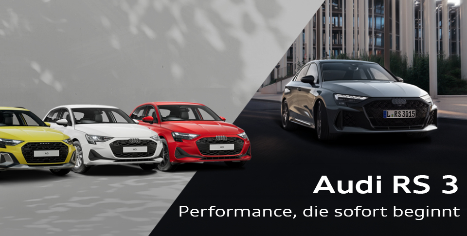 Auf der linken Seite stehen drei Audi A3 in Gelb, Rot und Grau auf hellem Hintergrund. Auf der rechten Seite des Bildes steht eine Audi A3 Limousine in Grau vor einem modernen Geb&auml;ude.