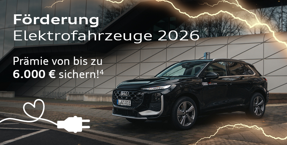 Schwarzer Q3 SUV e-hybrid vor Deutschem Buch- und Schriftmuseum Leipzig, "F&ouml;rderung Elektrofahrzeuge 2026. Pr&auml;mie von bis zu 6000 &euro; sichern!*"