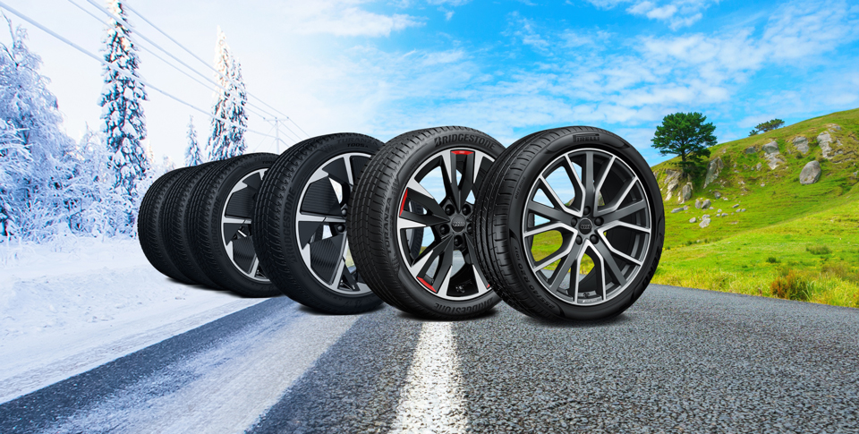 6 freigestellte R&auml;der auf Stra&szlig;e im Winter und Sommer